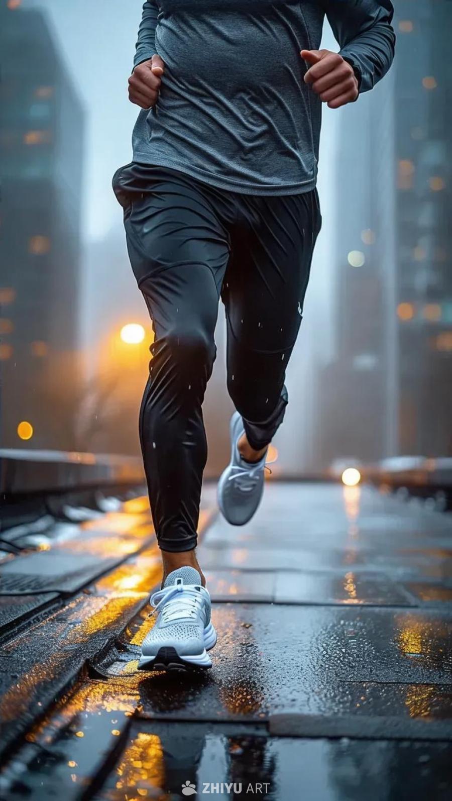 一名男性运动员在屋顶上跑步，他穿着黑色裤子和白色运