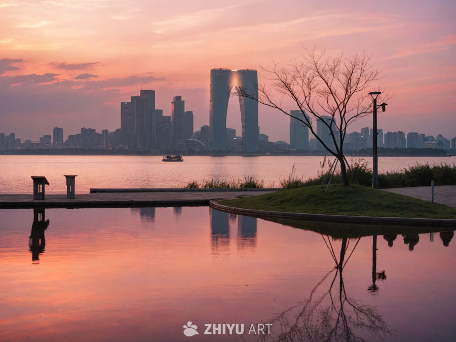 金鸡湖一棵树日落氛围