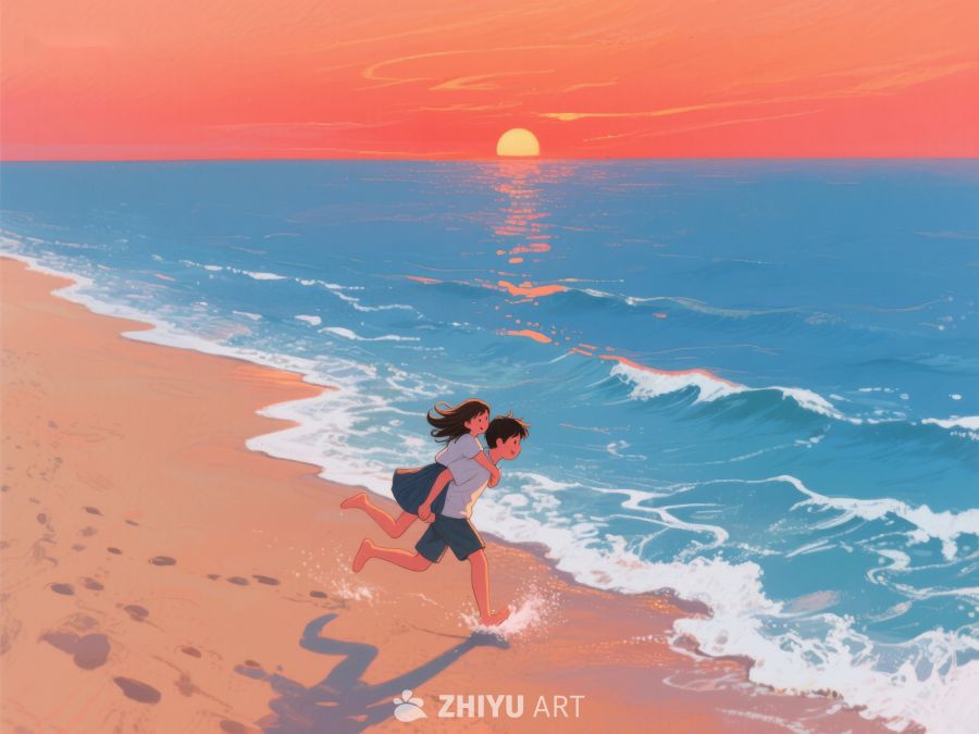 海边日落，两人奔跑 216