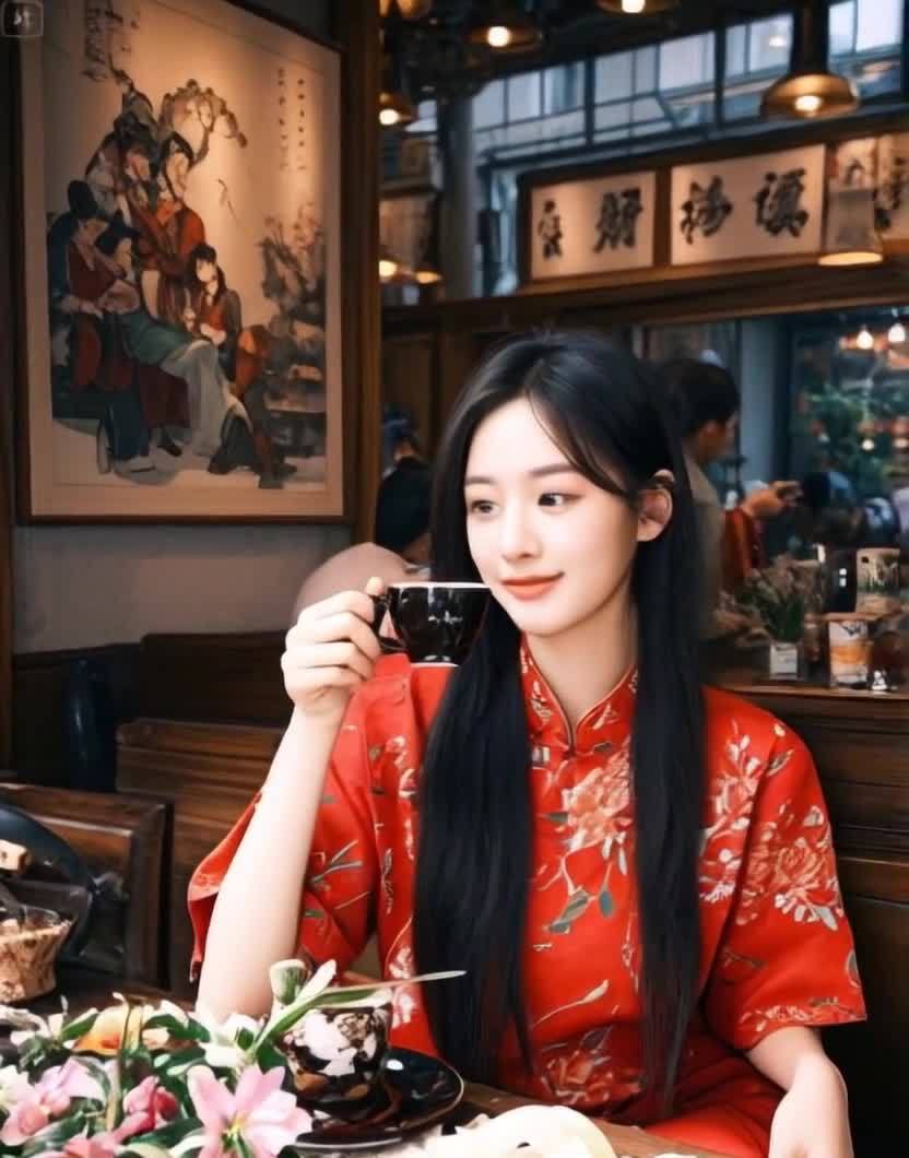 一位身穿红色印花旗袍的年轻女性坐在木质桌子旁。她留