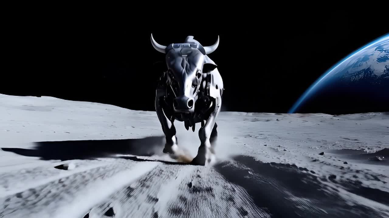 一头机械金属公牛在月球表面奔跑，它的机械蹄子扬起尘