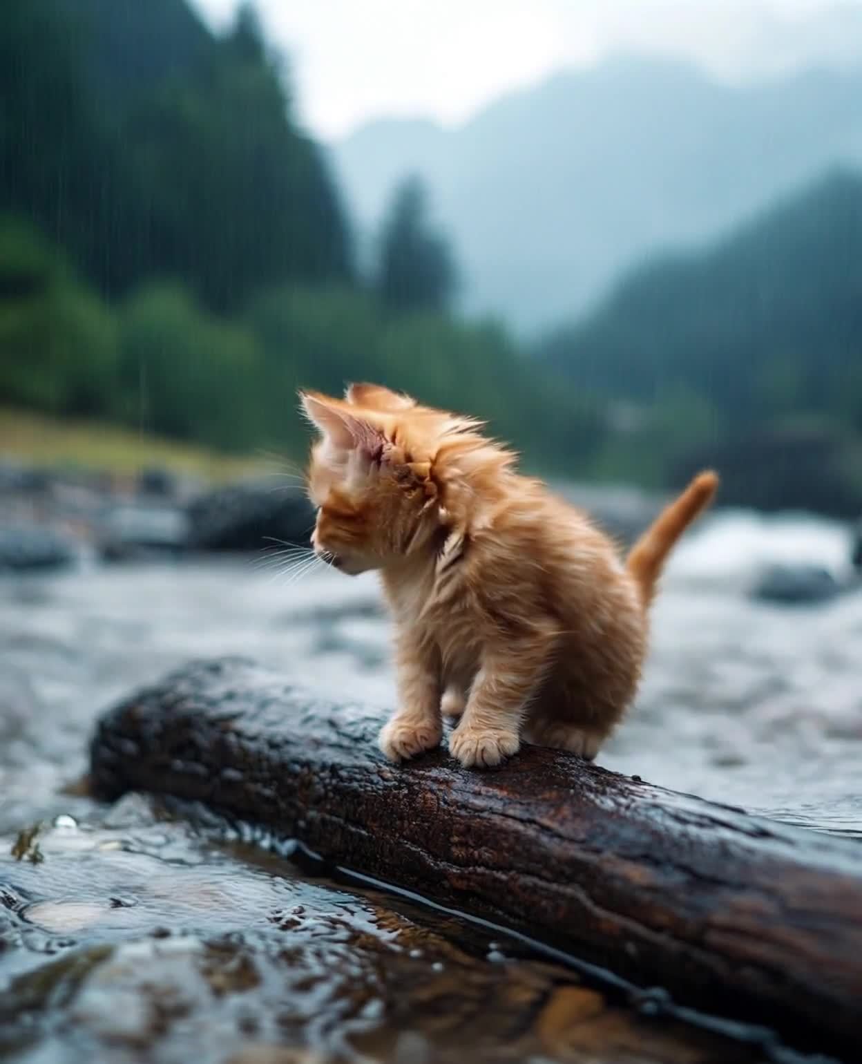 雨中圆木上的姜黄色小猫
