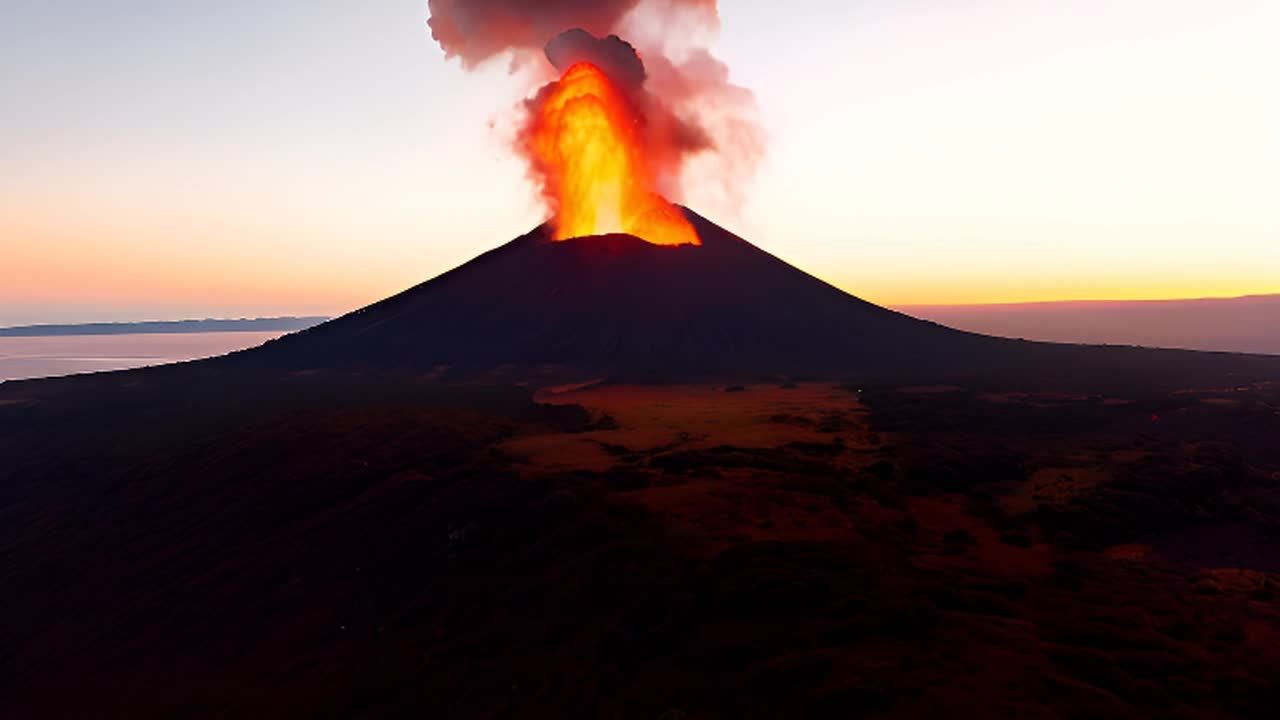 火山喷发时，炽热的岩浆从山顶喷射而出，形成壮观的景