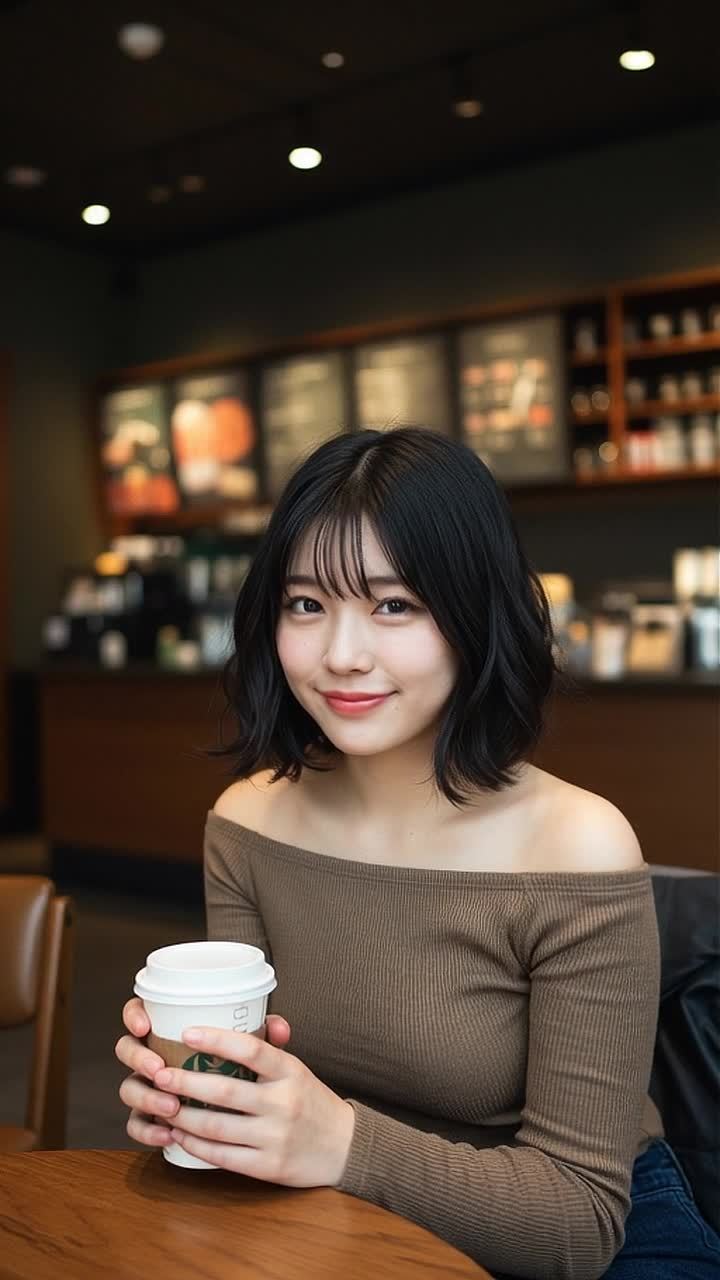 一位年轻女子坐在现代星巴克咖啡馆里，她用双手拿着一