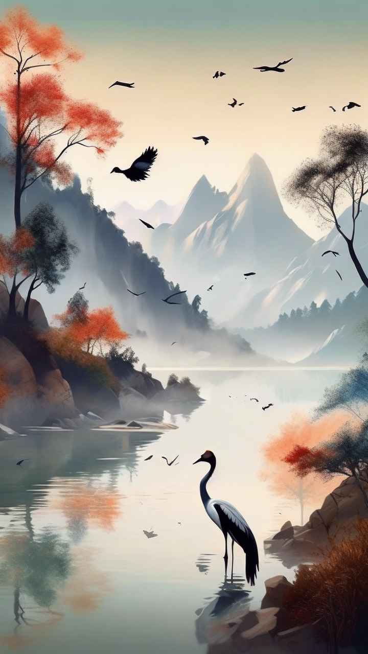 国风山水鹤插画背景 19