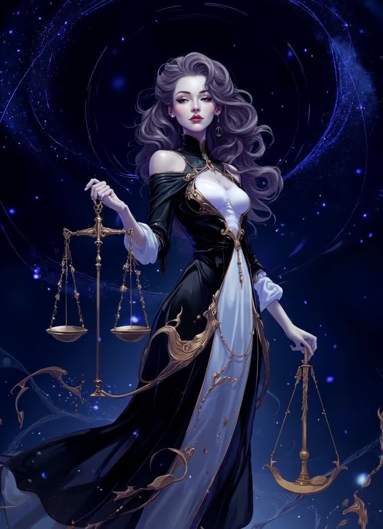 一位女性角色手持金色天秤，站在深蓝色的背景前，背景