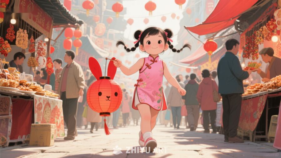 小女孩手持兔灯逛热闹市集 102