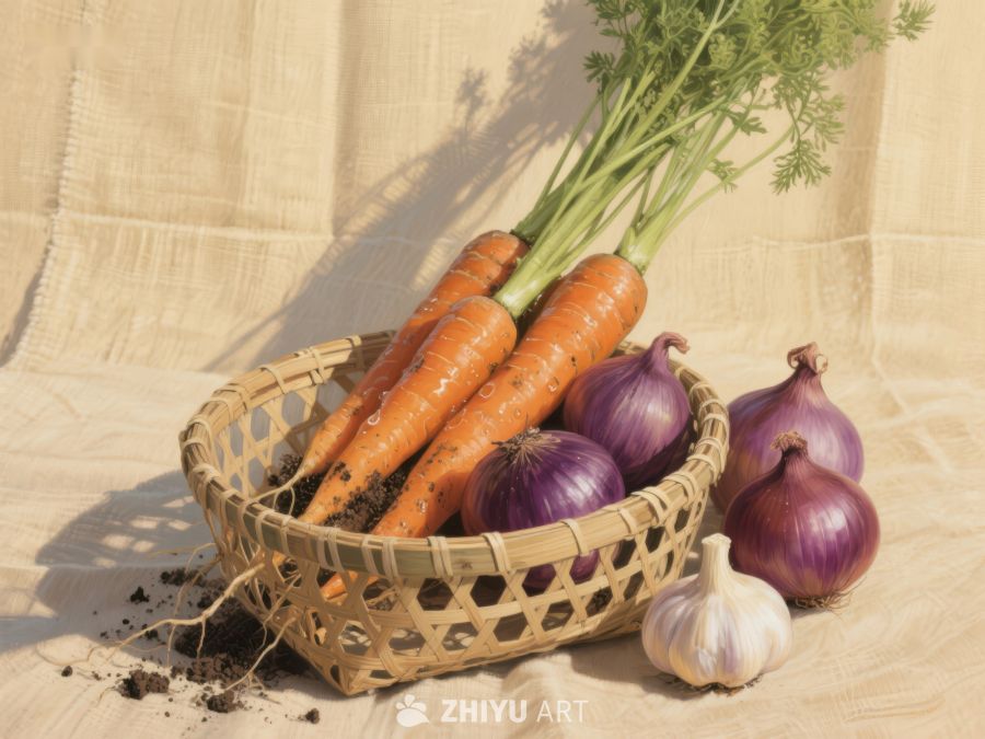 篮中胡萝卜与洋葱的静物组合 50