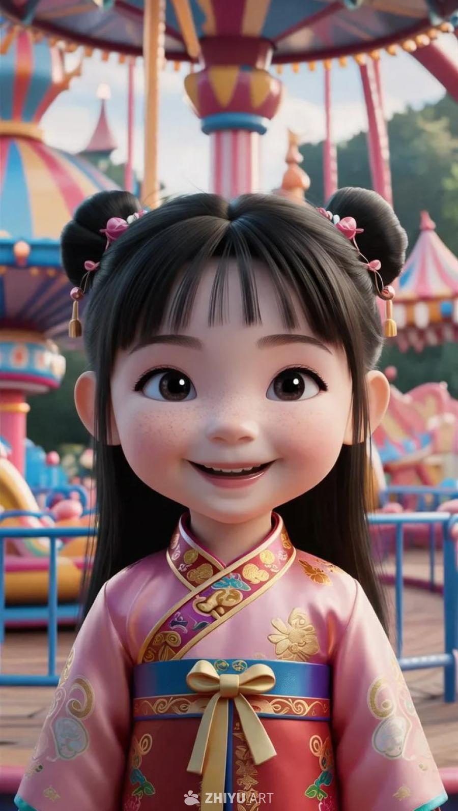 一个四岁的亚洲女孩，肤色白皙，留着黑色直发，小巧的
