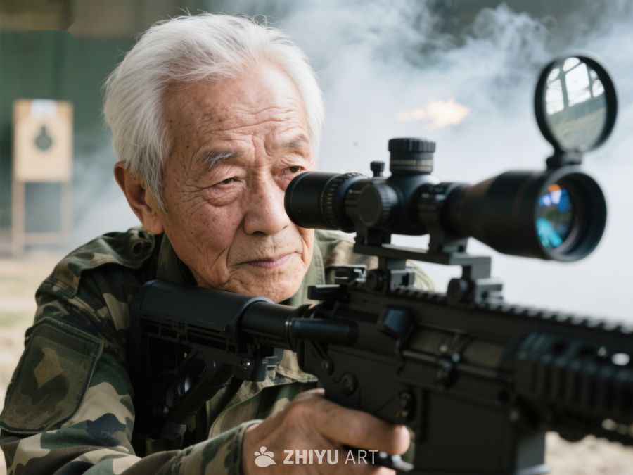 老者专注射击，烟雾缭绕 626