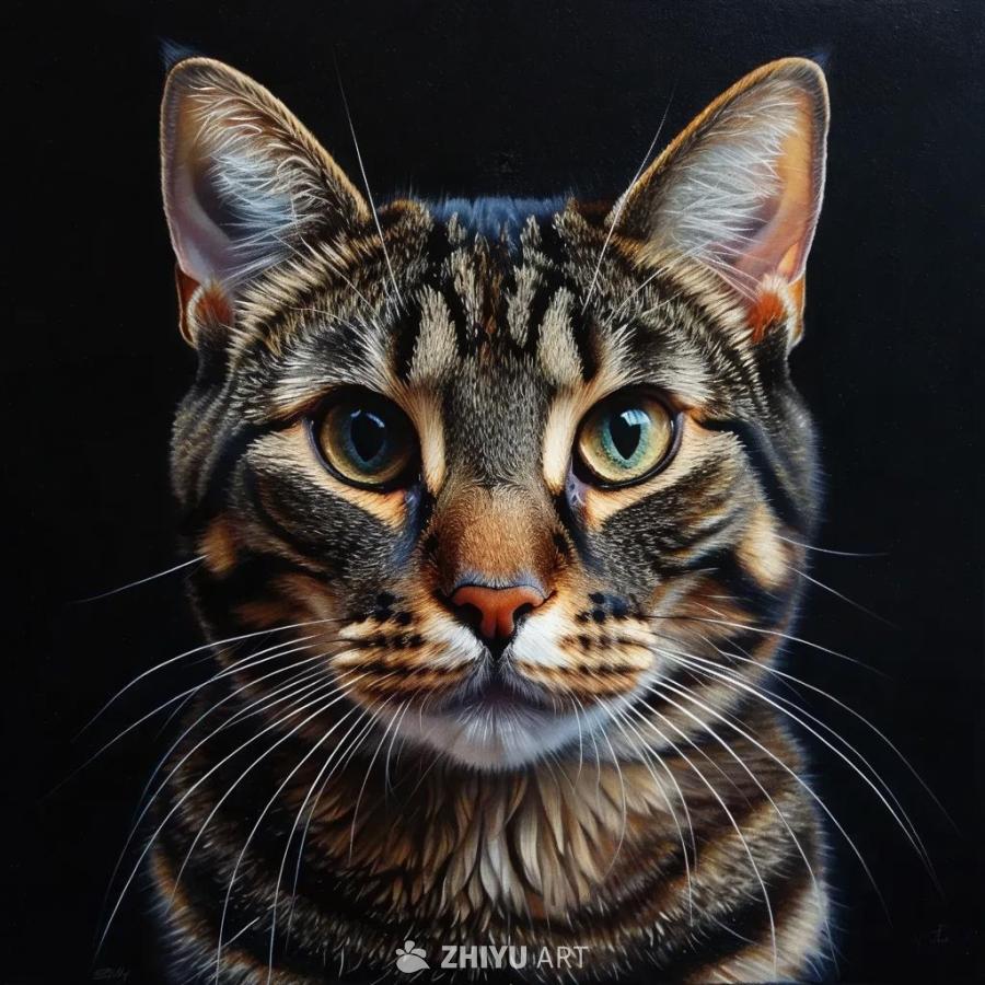 一只猫科动物的肖像，背景是纯黑色。猫呈棕色和黑色虎