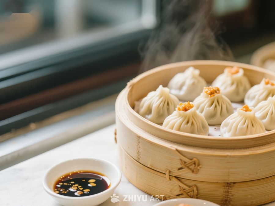 热腾腾的小笼包与蘸料 521