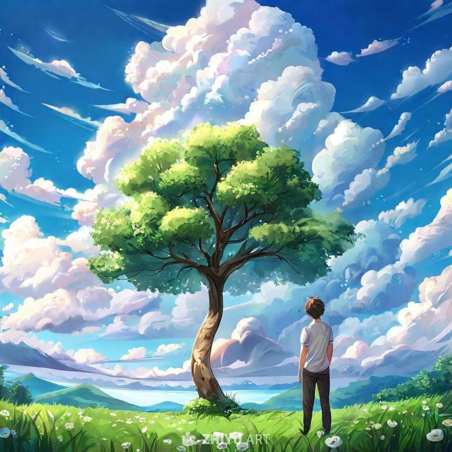 一名男子站在绿色的草地上，背对着观众。他穿着一件白