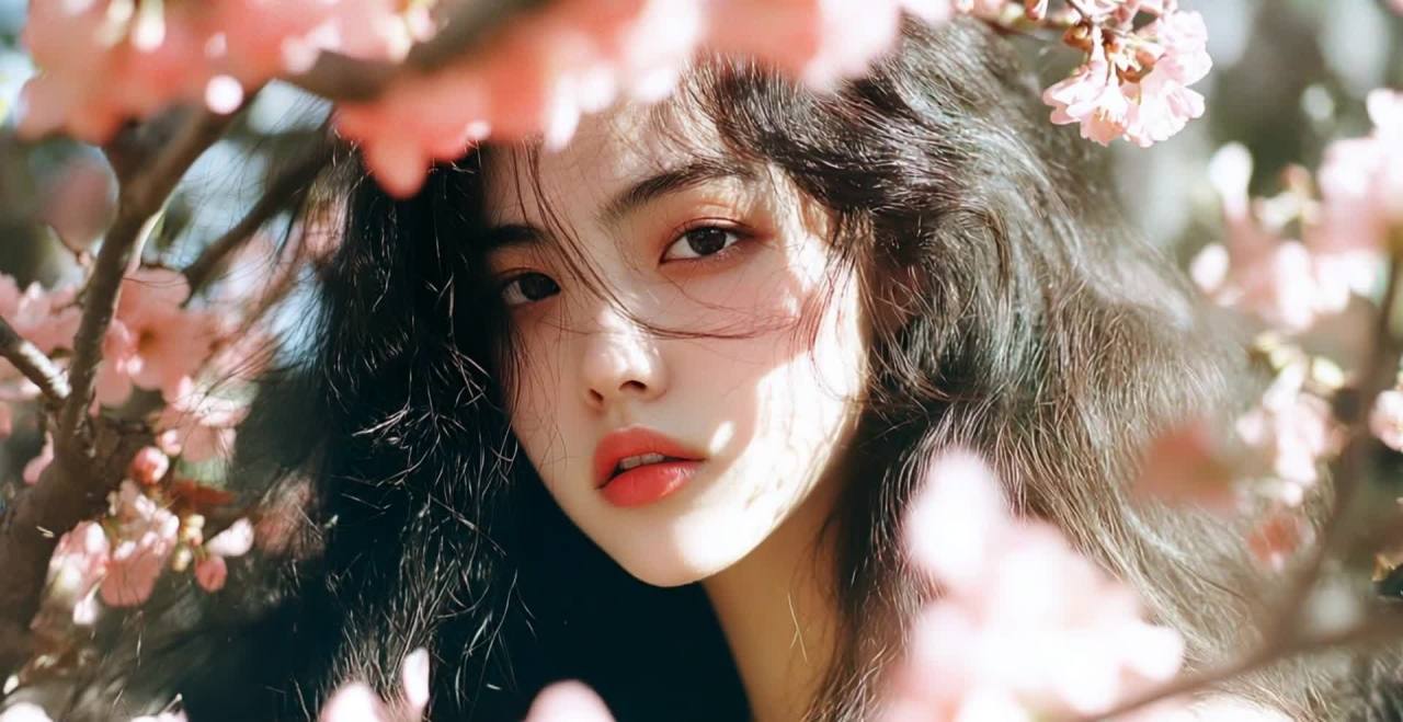 黑发红唇女子与粉色花朵的浪漫瞬间