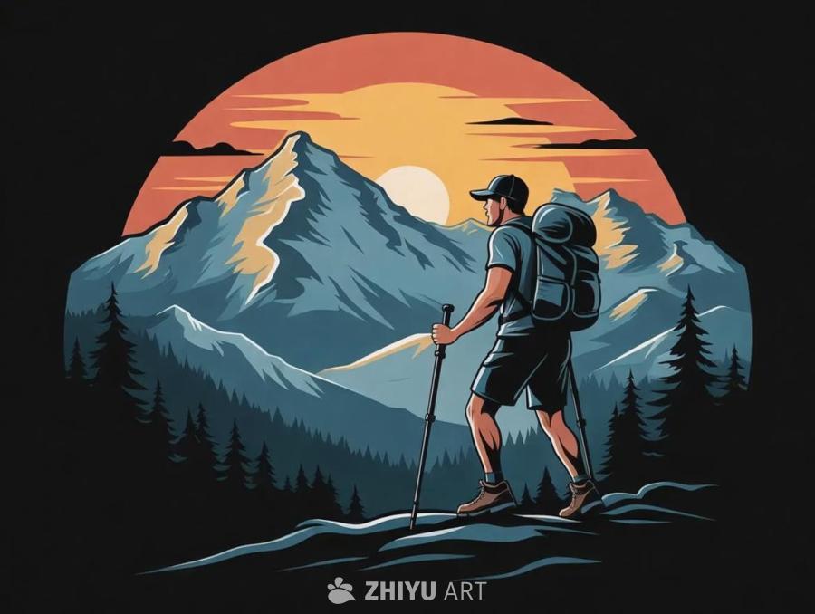 黑色背景上，一件T恤图案，图案内容为：一个男人背着