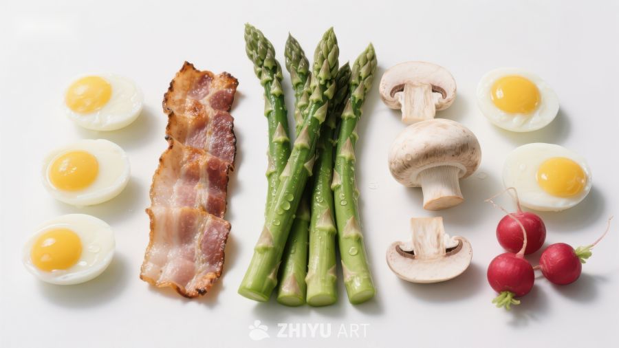 新鲜食材排列：鸡蛋、培根、芦笋、蘑菇与樱桃萝卜