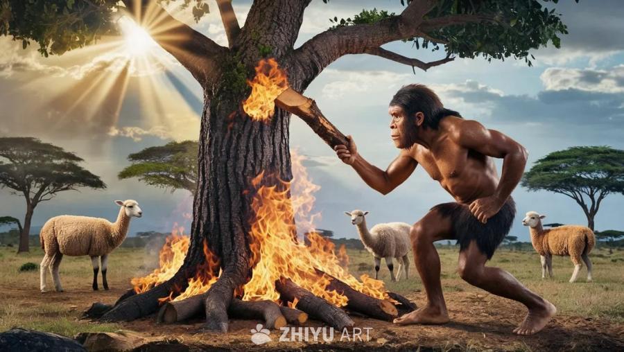 一棵树被火焰包围，火焰向上蔓延。一个人形生物，裸露