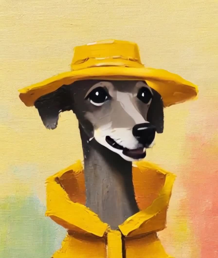戴黄色帽子的狗穿着黄色外套的肖像画
