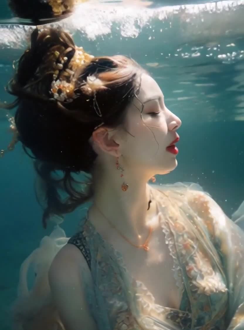 水中闭目红唇女子：蕾丝华服，花饰秀发