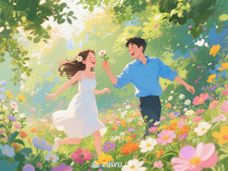 花海中奔跑的年轻情侣 319