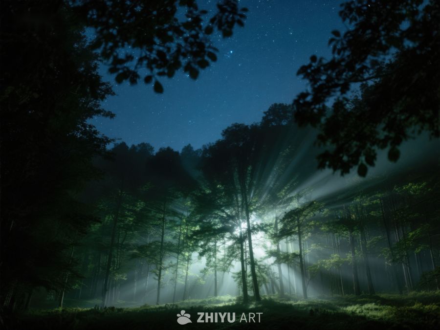 夜幕森林，光束穿透树梢 456