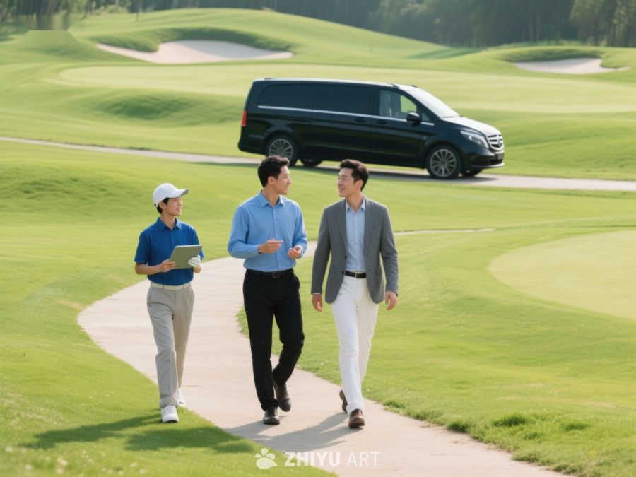 三人高尔夫球场交谈，背景停着商务车 307