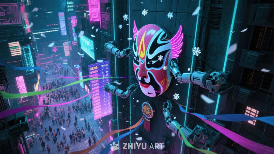 未来都市中的机械京剧脸谱 594