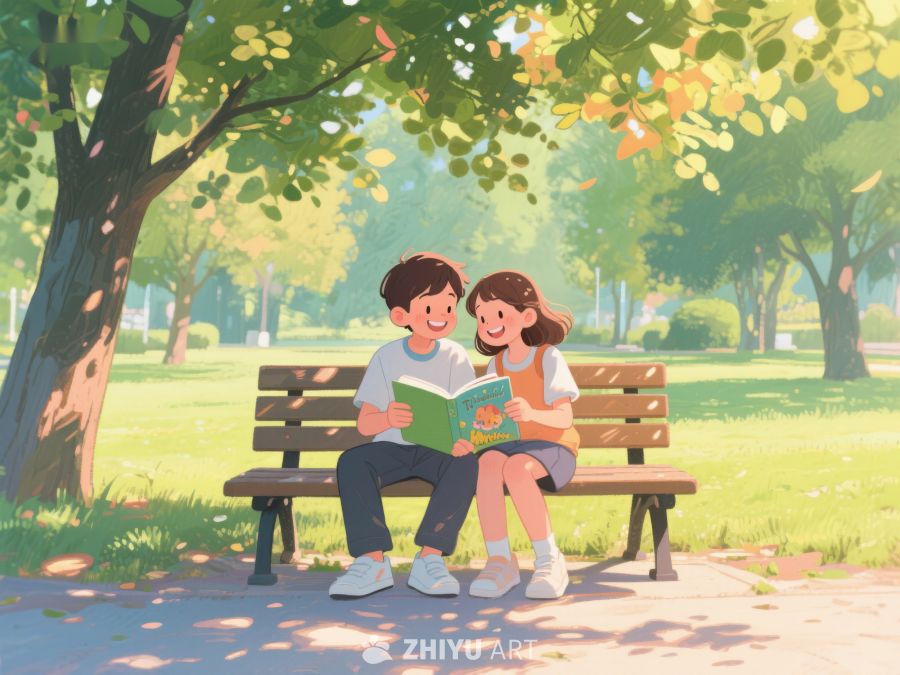 公园长椅上阅读的两个孩子 218