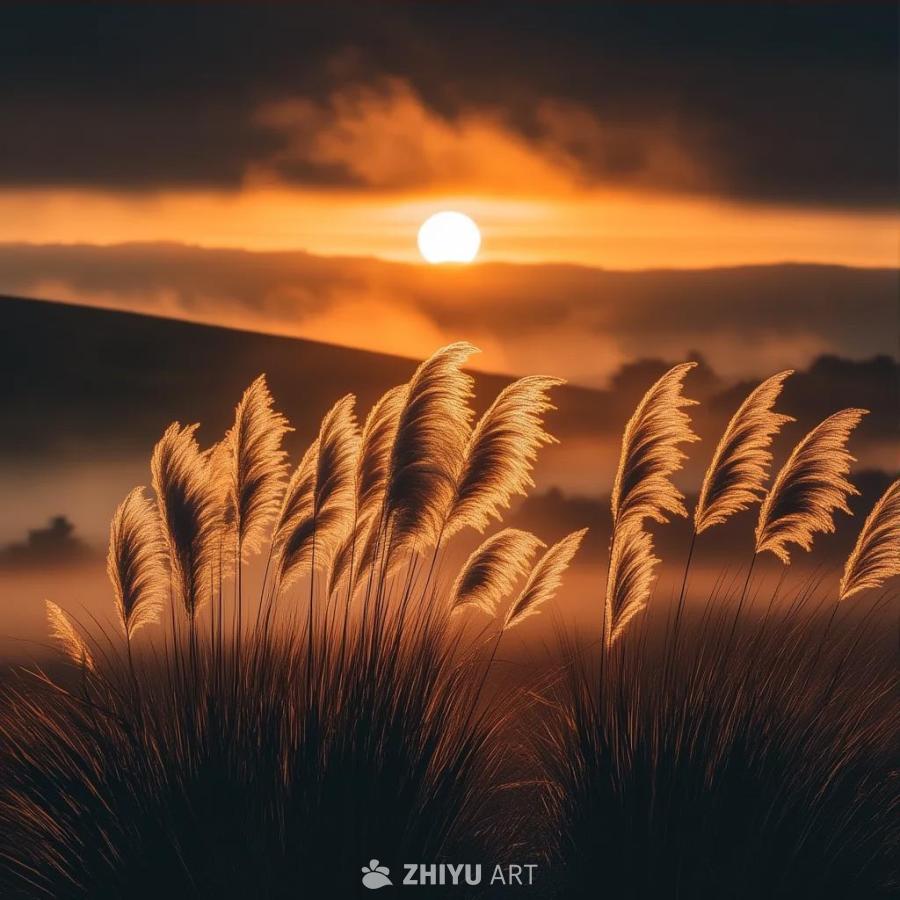 夕阳西下的景色，前景是金色的潘帕斯草，羽毛状的圆锥