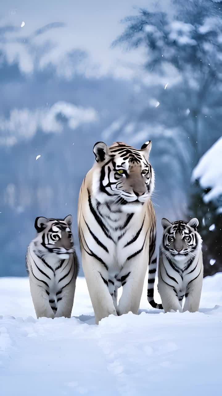 三只老虎站在雪地中，中间的老虎体型较大，另外两只体