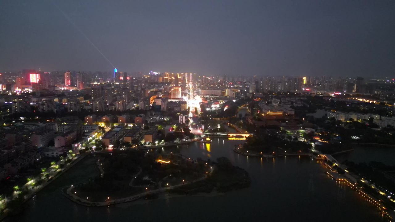  航拍山东聊城城市傍晚灯光