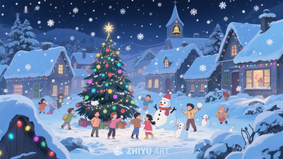 雪夜小镇的圣诞树与欢乐儿童 457