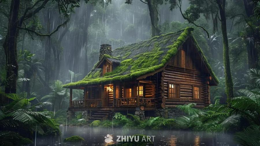 茂密的雨林中，一栋隐蔽的乡村小木屋矗立其中。沉闷的