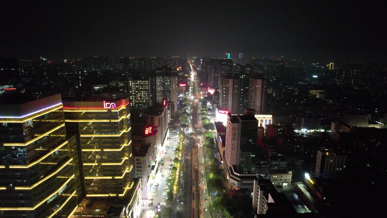 广东湛江城市夜景灯光交通城市大道航拍 