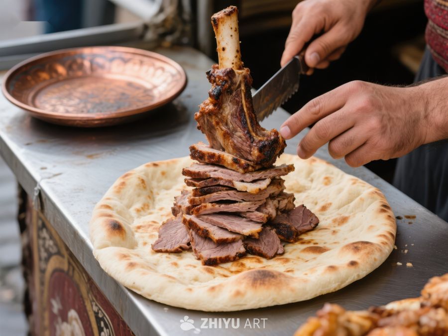 街头美食：烤肉切片置于面饼之上 249