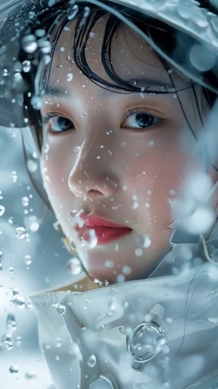 雨中透明雨衣下的湿发女子特写
