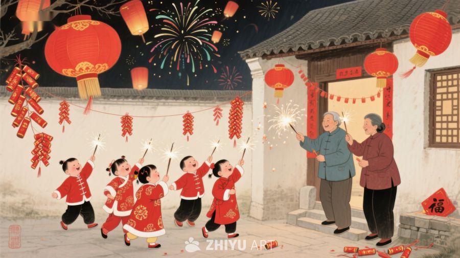 春节夜景：孩童放烟花，老人笑相迎 135