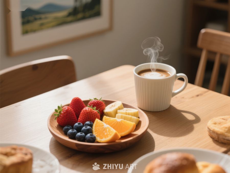 温馨早餐：热咖啡与新鲜水果 574