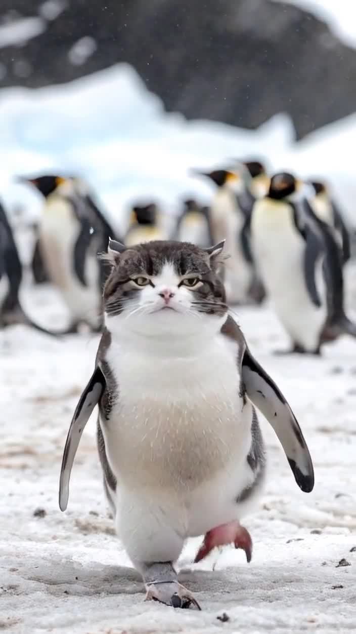 猫头企鹅雪地行走，其他企鹅在背景中