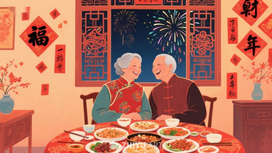 欢庆春节，老夫妇共享团圆饭 365