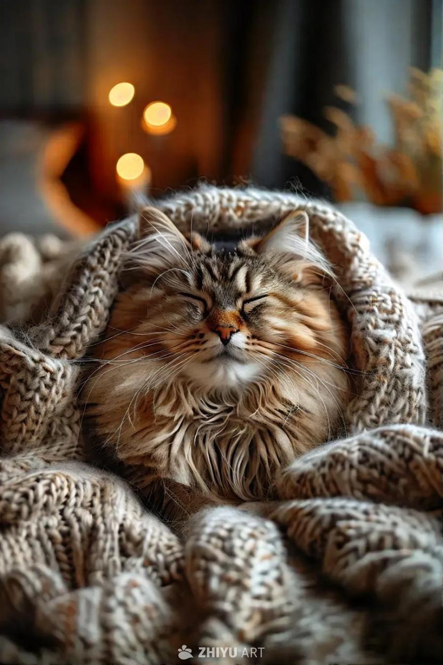 一只蓬松的猫躺在毛绒的床上，周围是柔软、温暖的毯子