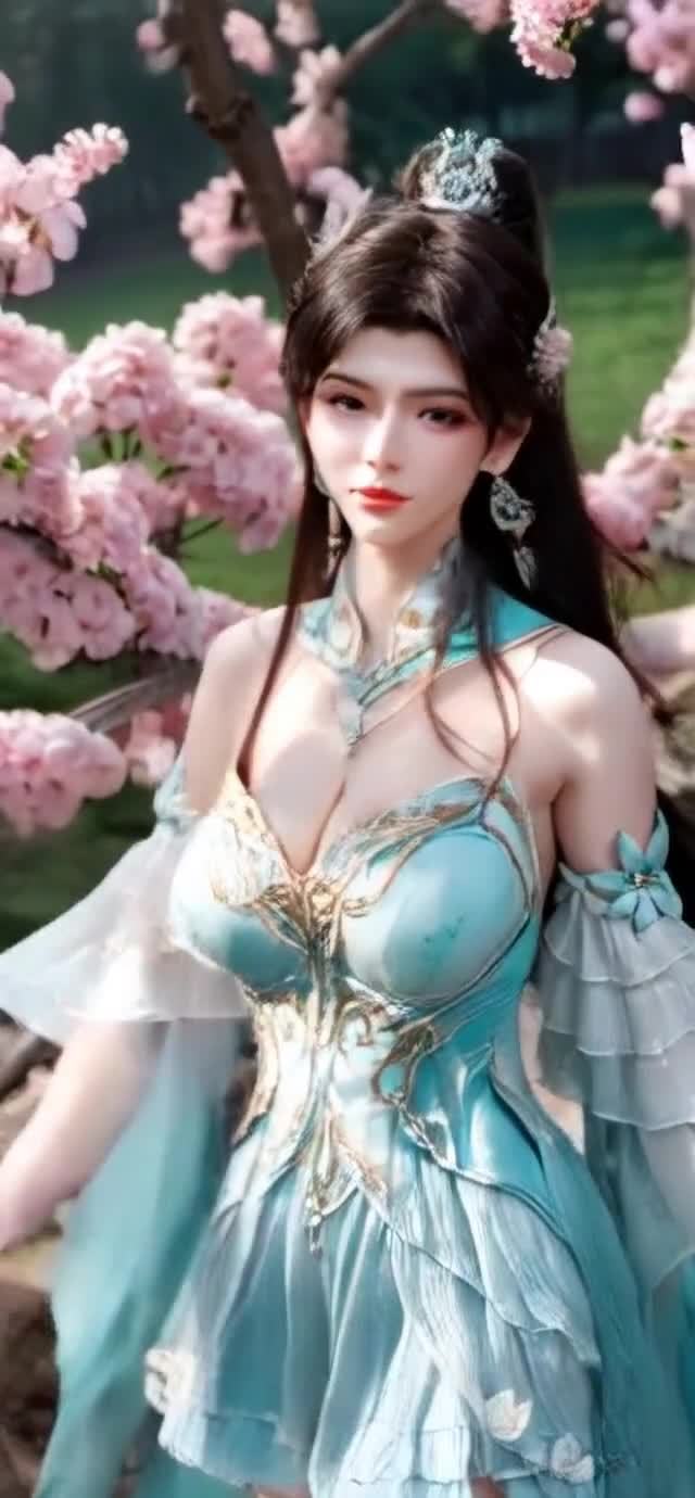 花树佳人：浅蓝金纹长裙的优雅女子