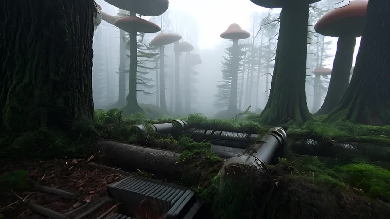 雾蒙蒙的森林里，远处有蘑菇，背景中是一座充满巨大蘑