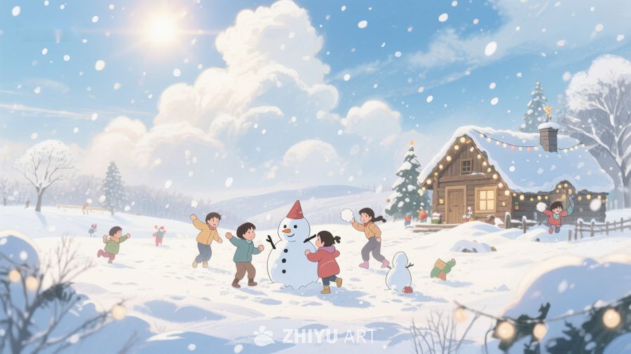 冬日雪景中孩子们堆雪人 27
