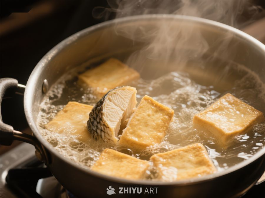 热油锅中炸制金黄豆腐块 645