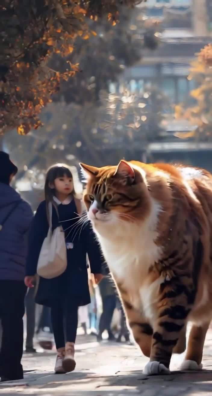 一只巨大的猫和一名小女孩并排走在人行道上。小女孩穿