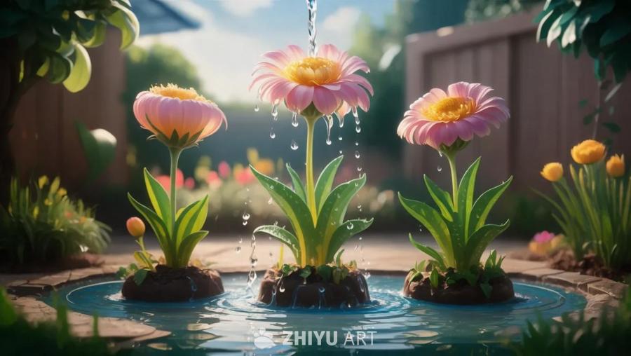 三株植物的花朵是粉色和黄色，它们生长在水中土堆上。