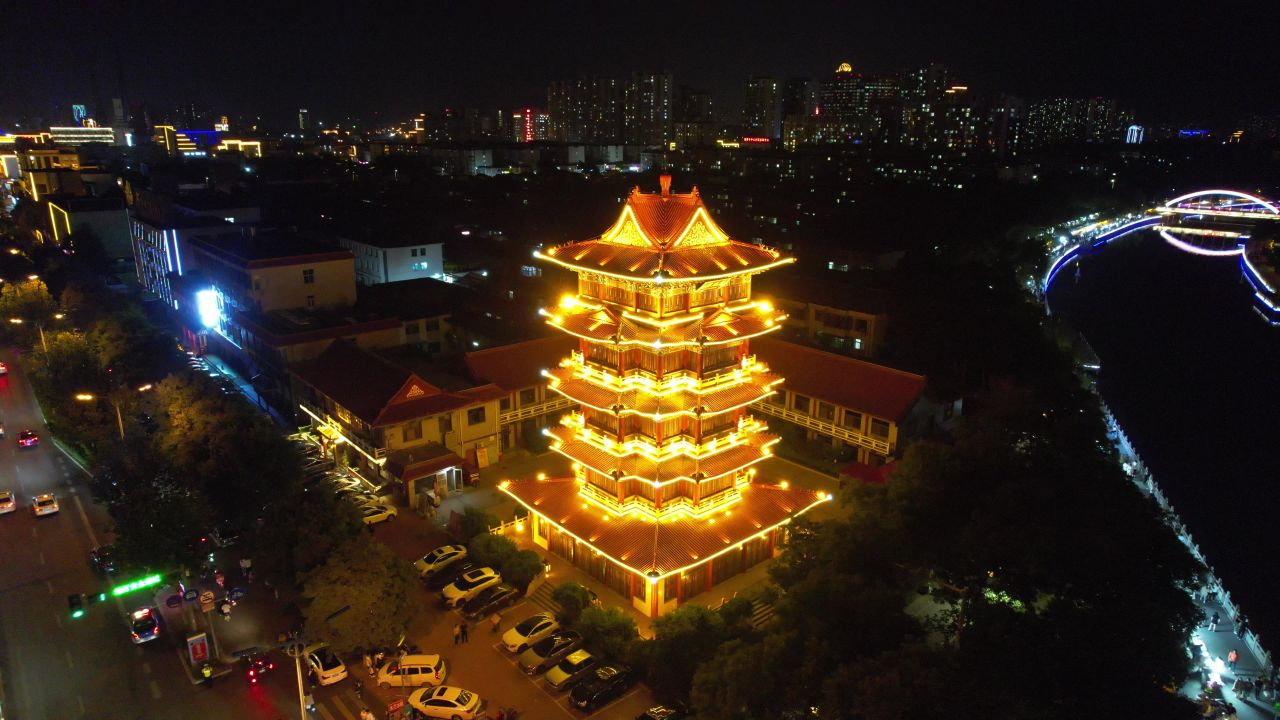 河北沧州清风楼夜景灯光航拍