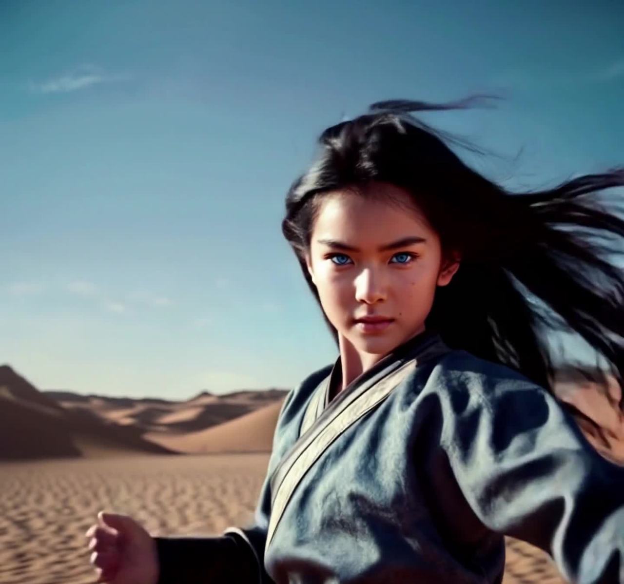 一位身着武侠劲装的女孩站在广阔的沙漠中。她拥有一头