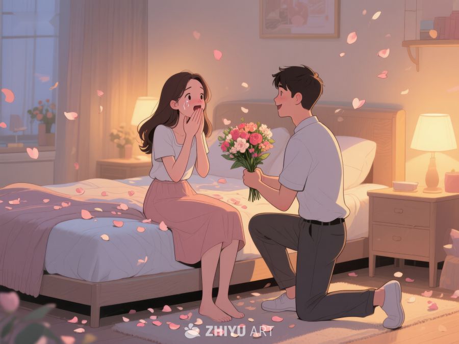 温馨求婚场景，男子献花女子惊喜 712
